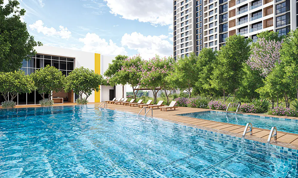 Swimming pool and deck at Rustomjee Urban Woods